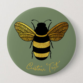 SHINY YELLOW GOLD BLACK BUMBLEBEE CUSTOM TEXT BEE  10 CM ROUND BADGE