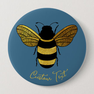 SHINY YELLOW GOLD BLACK BUMBLEBEE CUSTOM TEXT BEE 10 CM ROUND BADGE