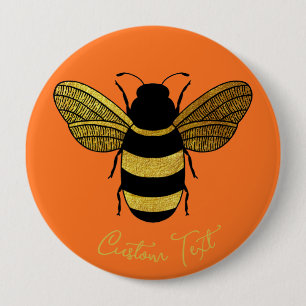 SHINY YELLOW GOLD BLACK BUMBLEBEE CUSTOM TEXT BEE 10 CM ROUND BADGE