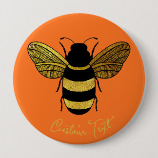 SHINY YELLOW GOLD BLACK BUMBLEBEE CUSTOM TEXT BEE  10 CM ROUND BADGE