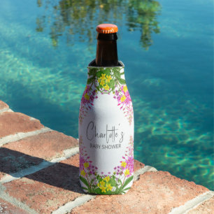 Shiny Yellow Pink Wildflower Script Baby Shower Bottle Cooler