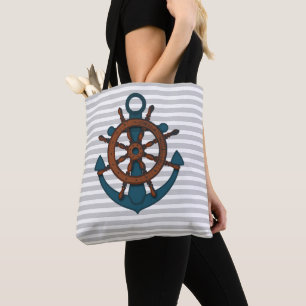 Ship Anchor & Wheel Grey Stripes  Tote Bag