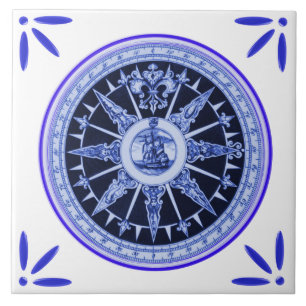 Ship and Compass Marine Vintage-Delft-Blue-Look Tile
