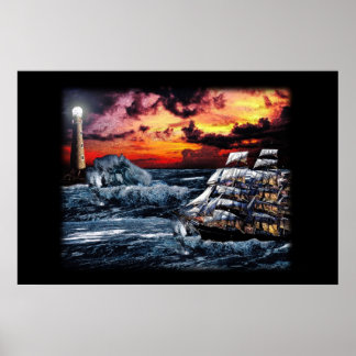 Ship and Lighthouse Poster