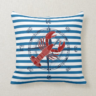 Ship Compass and Lobster Blue and White Stripe Cushion