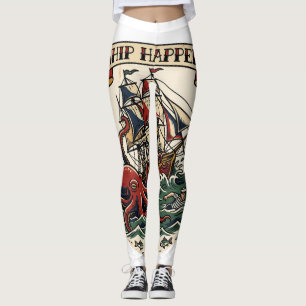 Ship Happens Kraken Pirate Tattoo Flash Funny Naut Leggings