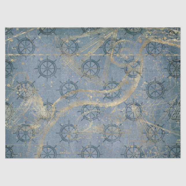 Ship Helm on Blue Decoupage Tissue Paper (Front)