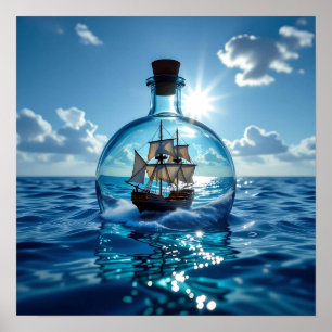 Ship in a Bottle Floating on the Ocean Poster