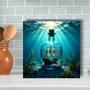 Ship in a Bottle Floating on the Ocean Tile