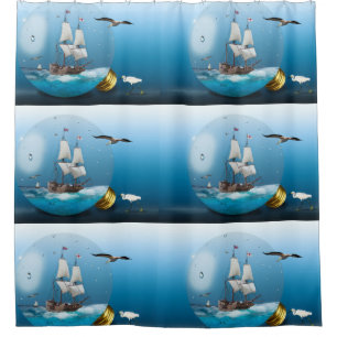Ship in a light bulb shower curtain