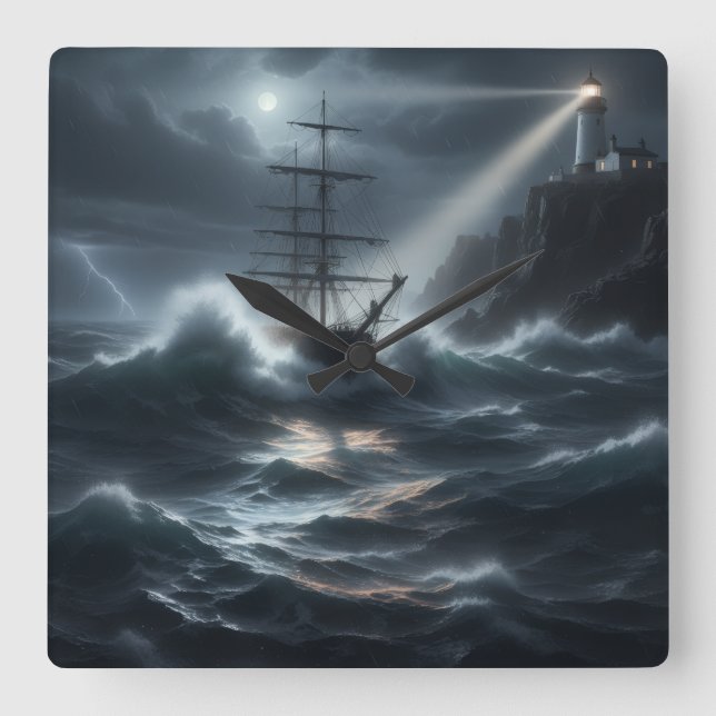 Ship in a storm guided by lighthouse - square wall clock (Front)