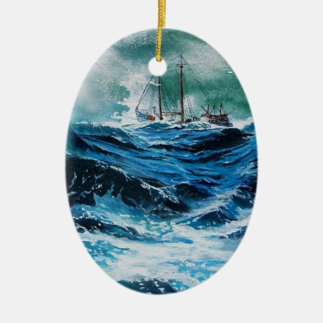 Ship In the Sea in Storm Ceramic Tree Decoration (Front)