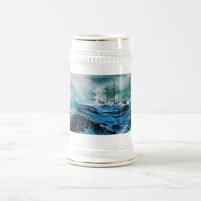 Ship In the Sea in Storm ,Nautical Blue Beer Stein (Center)