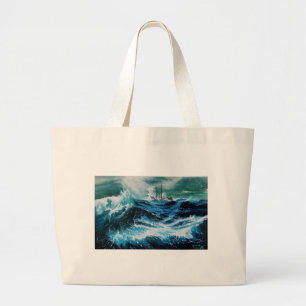 Ship In the Sea in Storm, Nautical Large Tote Bag