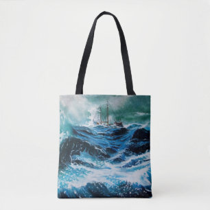 Ship In the Sea in Storm, Nautical Tote Bag