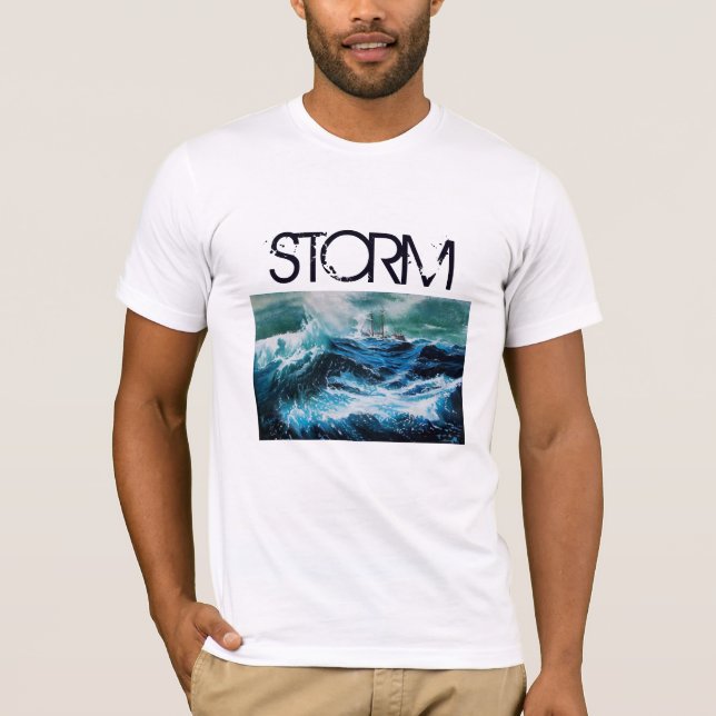 Ship In the Sea in Storm Navy Blue T-Shirt (Front)