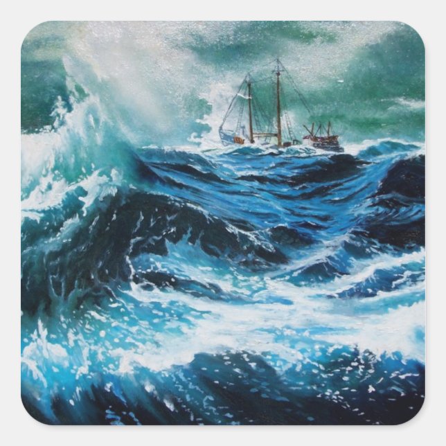 Ship In the Sea in Storm Square Sticker (Front)