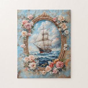 Ship Painting Rope Frame with Roses Jigsaw Puzzle