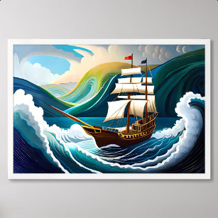 ship painting setting off in storm in bad weather poster
