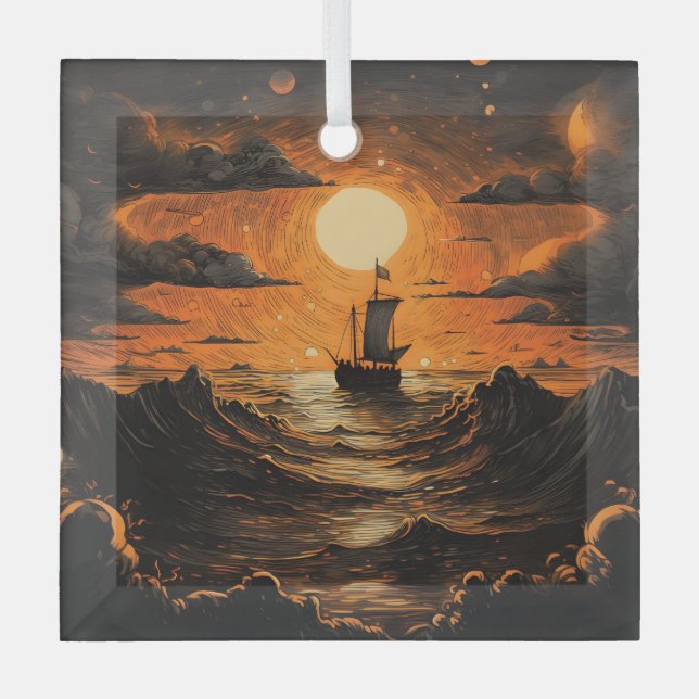 Ship sailing in the night  glass tree decoration (Front)