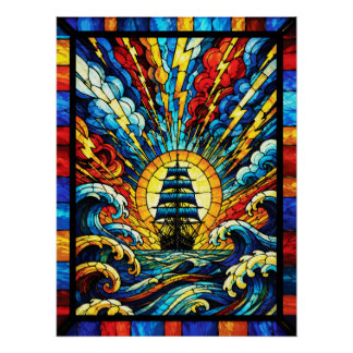 Ship Sailing Through Storm Poster