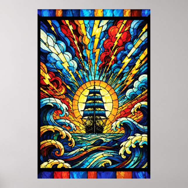 Ship Sailing Through Storm Poster (Front)