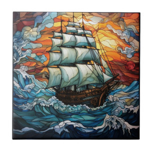 Ship Stained Glass Ceramic Tile