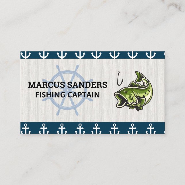Ship Wheel | Anchor Pattern | Bass Fish Business Card (Front)