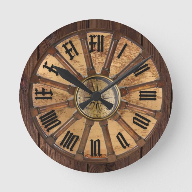 ship wheel, compass and world map wall clock (Front)