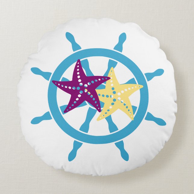 Ship wheel helm starfish round cushion (Front)