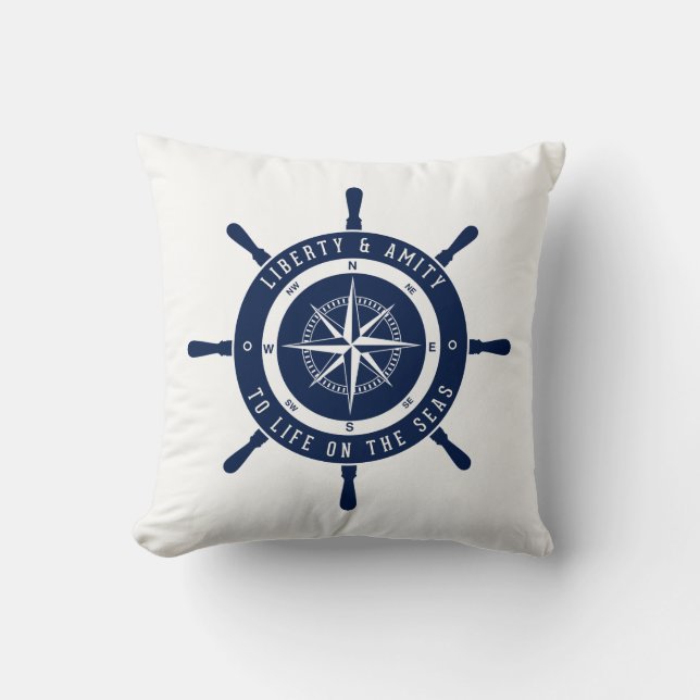 Ship Wheel, Nautical Star - Blue, White - Nautical Cushion (Front)