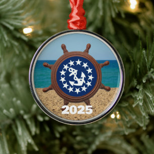 Ship Wheel, Yacht Flag, Sand, Sea, Sky Metal Tree Decoration