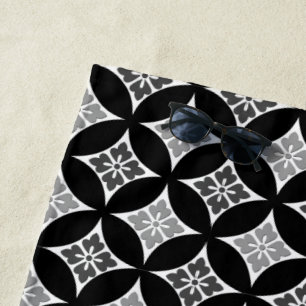 Shippo with Flower Motif, Black, White and Grey Beach Towel