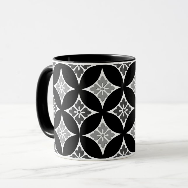 Shippo with Flower Motif, Black, White and Grey Mug (Front Left)