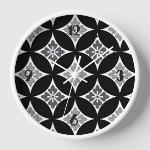 Shippo with Flower Motif, Black, White and Grey Wall Clock