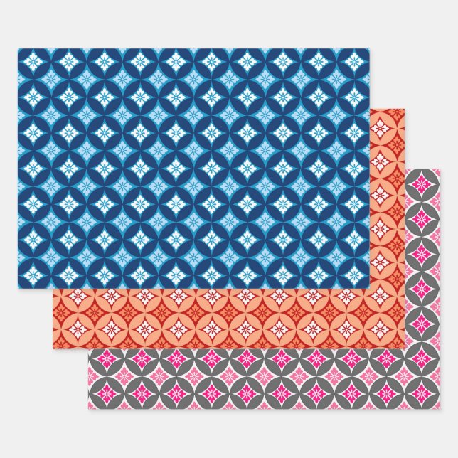Shippo with Flower Motif, Blue, Orange, Pink Wrapping Paper Sheet (Set)