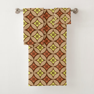 Shippo with Flower Motif, Brown and Golden Yellow Bath Towel Set