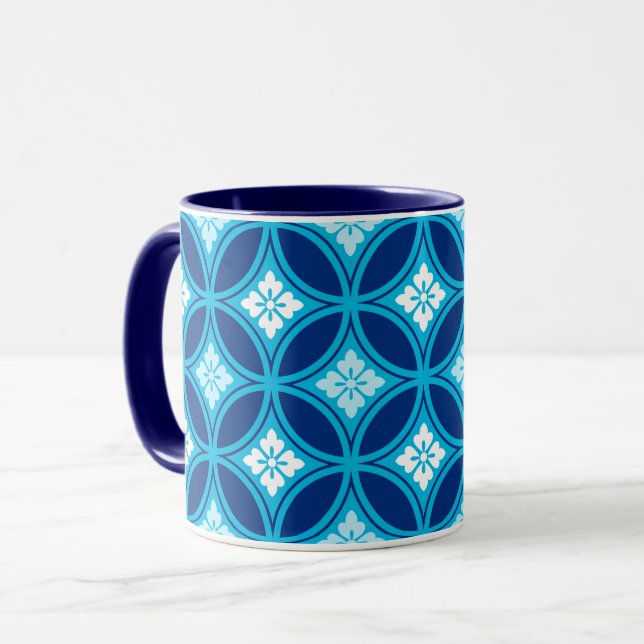 Shippo with Flower Motif, Deep Indigo Blue Mug (Front Left)