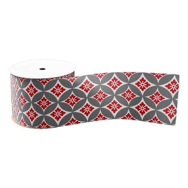 Shippo with Flower Motif, Red, White and Grey Grosgrain Ribbon (Spool)