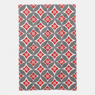 Shippo with Flower Motif, Red, White and Grey Tea Towel