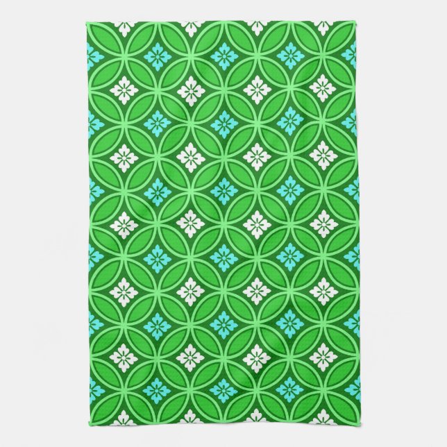 Shippo with Flower Motif, Shades of Jade Green Tea Towel (Vertical)