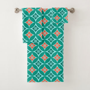 Shippo with Flower Motif, Turquoise and Coral  Bath Towel Set