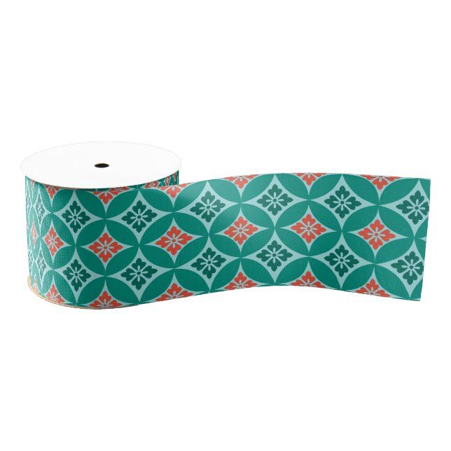 Shippo with Flower Motif, Turquoise and Coral Grosgrain Ribbon (Spool)