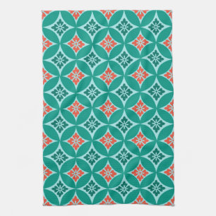 Shippo with Flower Motif, Turquoise and Coral Tea Towel