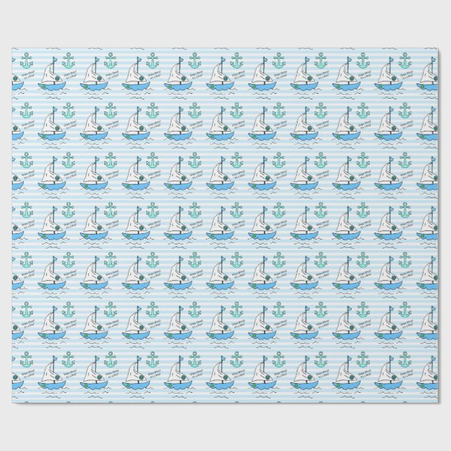 Ships Ahoy, It's a Boy! Baby Shower Blue Sailboat Wrapping Paper (Flat)