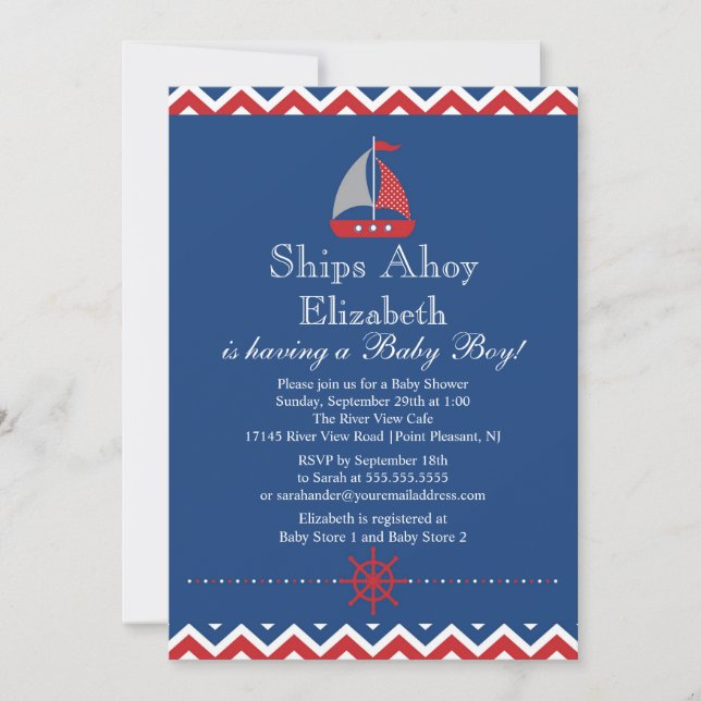 Ships Ahoy Nautical Sailboat Boy Baby Shower Invitation (Front)