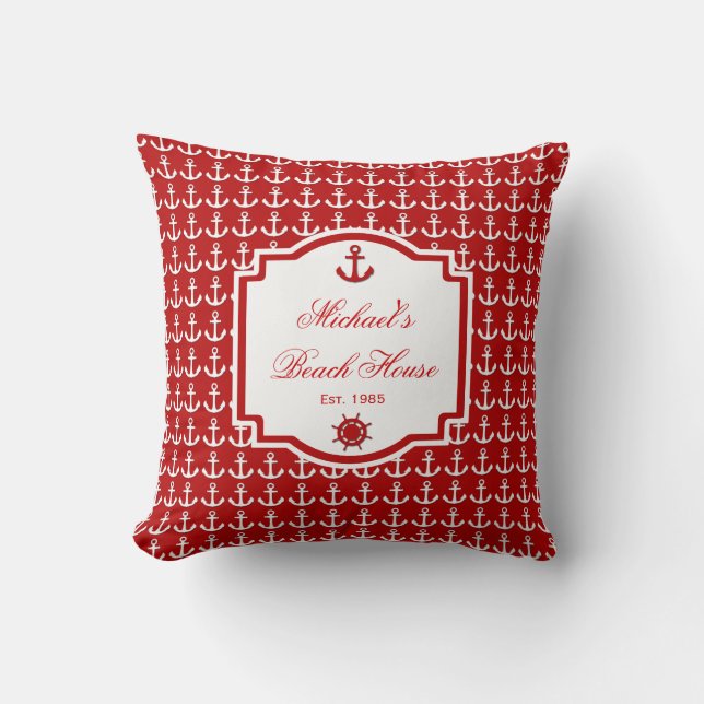 Ship's Anchor Red Nautical Pillow (Front)