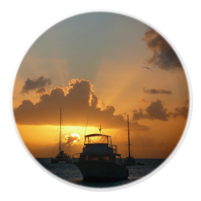 Ships and Sunset Tropical Seascape Ceramic Knob (Front)