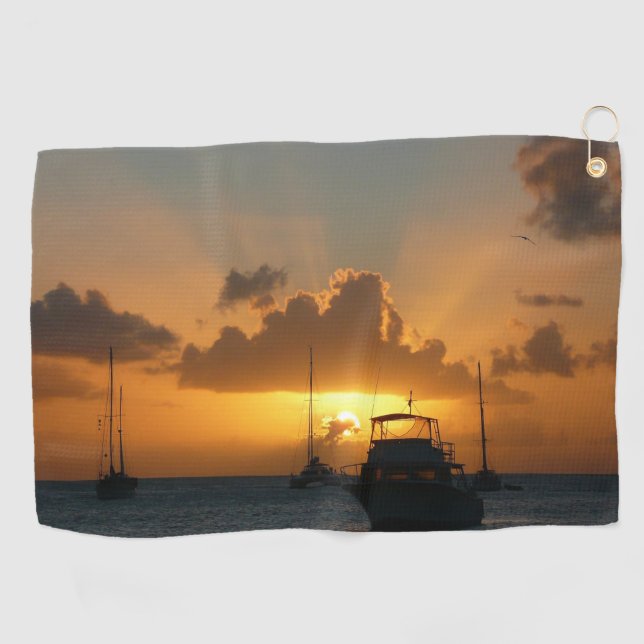 Ships and Sunset Tropical Seascape Golf Towel (Horizontal)