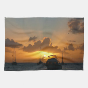 Ships and Sunset Tropical Seascape Tea Towel
